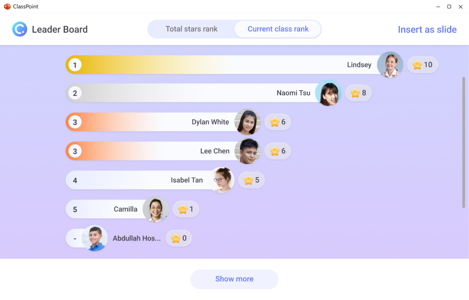 Current class leaderboard in ClassPoint